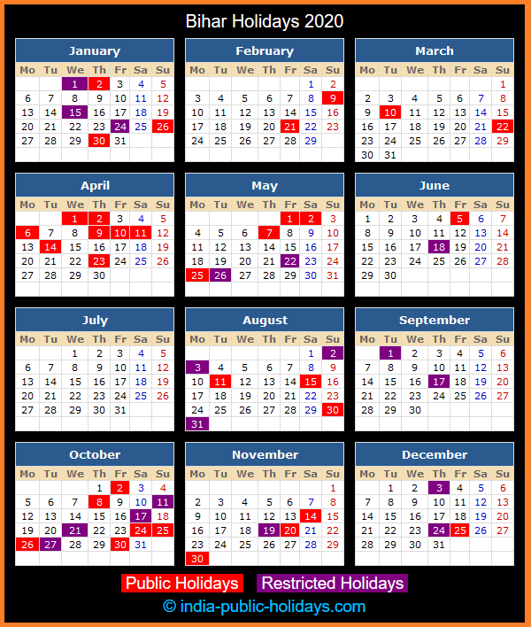 Bihar Holiday Calendar 2020